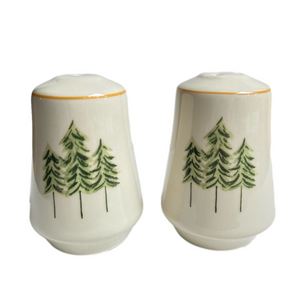 Pine Trees ceramic salt and pepper shakers in cream with shades of green